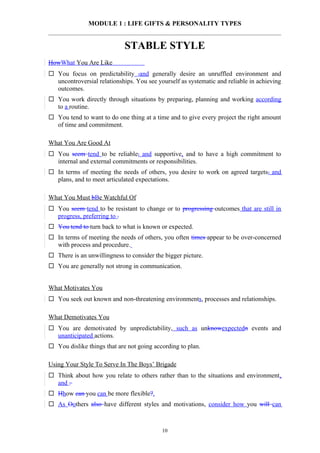 MODULE 1 : LIFE GIFTS & PERSONALITY TYPES


                             STABLE STYLE
HowWhat You Are Like
 You focus on predictability ,and generally desire an unruffled environment and
  uncontroversial relationships. You see yourself as systematic and reliable in achieving
  outcomes.
 You work directly through situations by preparing, planning and working according
  to a routine.
 You tend to want to do one thing at a time and to give every project the right amount
  of time and commitment.

What You Are Good At
 You seem tend to be reliable, and supportive, and to have a high commitment to
  internal and external commitments or responsibilities.
 In terms of meeting the needs of others, you desire to work on agreed targets, and
  plans, and to meet articulated expectations.

What You Must bBe Watchful Of
 You seem tend to be resistant to change or to progressing outcomes that are still in
  progress, preferring to .
 You tend to turn back to what is known or expected.
 In terms of meeting the needs of others, you often times appear to be over-concerned
  with process and procedure.
 There is an unwillingness to consider the bigger picture.
 You are generally not strong in communication.


What Motivates You
 You seek out known and non-threatening environments, processes and relationships.

What Demotivates You
 You are demotivated by unpredictability, such as unknowexpectedn events and
  unanticipated actions.
 You dislike things that are not going according to plan.

Using Your Style To Serve In The Boys’ Brigade
 Think about how you relate to others rather than to the situations and environment,
  and .
 Hhow can you can be more flexible?.
 As Oothers also have different styles and motivations, consider how you will can



                                           10
 