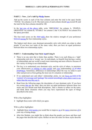 MODULE 1 : LIFE GIFTS & PERSONALITY TYPES




PART 2 – Now…Let’s Add Up Mythe Scores
Add up the scores in each of the four columns and enter the total in the space beside
‘TOTAL’ for columns A to D. The total scores of each column should not exceed 40 and
the total for the four columns should be 100.

In the last row of the above table, write ‘DRIVIENG’ for column A, ‘PEOPLE-
ORIENTED’ for column B, ‘STABLE’ for column C and ‘CAUTIOUS’ for column D in
the spaces provided.

The four total scores on the chart table show the relative strength of your preference
between among the four relationship- styles.

The highest total shows your dominant personality style with which you relate to other
people. If you have two totals of the same value, then you have an equal preference
between those two relationship- styles.


PART 3 – Understanding Your Style Aand Using It
 There is no one style that is better than another. There is no such thing as a ‘right’
  relationship style nor a ‘wrong’ one. As individuals, we benefit from having a variety
  of relationships and our world is much more interesting and more effective because of
  this variety we bring to our relationships.
 The key is to understand your dominant style, and the style of others, to maximise
  your effectiveness in relating to other people and your understanding of of other
  peoplethem. Sometimes, differences in relationships affect the way we relate to each
  other and prevent us from getting the most out of a situation or relationship.
 If we understand ours and others’ relationship- styles, we can focus on look at the
  ‘content’ of a message and ‘package’ the content accordingly.what others want to say
  rather than the way they say it.
 Read from the following pages the description of your dominant style. If you have
  two scores that are the same, then you have an equal preference between those two
  styles and you should read both descriptions. Take a minute to reflect on the notes,
  and think about situations where you may have experienced the types of things
  described in the notes.


With a blue highlighter:
 highlight those notes with which you agree.


With a yellow highlighter:
 highlight those notes points you would like to improve on or be more conscious of in
  your way of doing things.
 After this Module, you might like to think about the people you know and then read
  the pages that describe their styles. Reflect on how the notes for those styles describe


                                            5
 