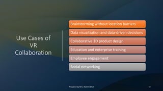 Use Cases of
VR
Collaboration
Brainstorming without location barriers
Data visualization and data-driven decisions
Collaborative 3D product design
Education and enterprise training
Employee engagement
Social networking
32
Prepared by Mrs. Rashmi Bhat
 