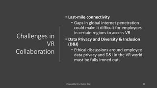 Challenges in
VR
Collaboration
• Last-mile connectivity
• Gaps in global internet penetration
could make it difficult for employees
in certain regions to access VR
• Data Privacy and Diversity & Inclusion
(D&I)
• Ethical discussions around employee
data privacy and D&I in the VR world
must be fully ironed out.
33
Prepared by Mrs. Rashmi Bhat
 