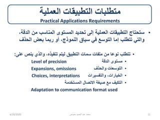 ‫العملية‬ ‫التطبيقات‬ ‫متطلبات‬
Practical Applications Requirements
•‫ال‬ ‫من‬ ‫المناسب‬ ‫المستوى‬ ‫تحديد‬ ‫إلى‬ ‫العملية‬ ‫التطبيقات‬ ‫ستحتاج‬،‫دقة‬
‫الحذف‬ ‫بعض‬ ‫ربما‬ ‫أو‬ ،‫النموذج‬ ‫سياق‬ ‫في‬ ‫التوسع‬ ‫إما‬ ‫تتطلب‬ ‫والتي‬
•‫ينص‬ ‫والذي‬ ،‫تنفيذه‬ ‫ليتم‬ ‫التطبيق‬ ‫سمات‬ ‫ملفات‬ ‫من‬ ‫نوعا‬ ‫تتطلب‬‫على‬:
•‫الدقة‬ ‫مستوى‬Level of precision
•‫والحذف‬ ‫التوسعات‬Expansions, omissions
•‫والتفسيرات‬ ،‫الخيارات‬Choices, interpretations
•‫المستخدمة‬ ‫االتصال‬ ‫صيغة‬ ‫مع‬ ‫التكيف‬
Adaptation to communication format used
4/20/2020 ‫معوض‬ ‫الحميد‬ ‫عبد‬ ‫محمد‬ 11
 