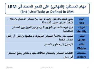 ‫المستفيد‬ ‫مهام‬(‫النهائي‬)‫في‬ ‫المحدد‬ ‫النحو‬ ‫على‬LRM
(End-)User Tasks as Defined in LRM
‫جمع‬‫خالل‬ ‫من‬ ‫االهتمام‬ ‫مصادر‬ ‫من‬ ‫أكثر‬ ‫أو‬ ‫واحد‬ ‫حول‬ ‫المعلومات‬
‫صلة‬ ‫ذات‬ ‫معايير‬ ‫أي‬ ‫عن‬ ‫البحث‬
‫ايجاد‬
Find
‫المصادر‬ ‫بين‬ ‫والتمييز‬ ‫بوضوح‬ ‫الموجودة‬ ‫المصادر‬ ‫طبيعة‬ ‫فهم‬
‫المتشابهة‬
‫تعريف‬
Identify
‫تحديد‬‫رفض‬ ‫أو‬ ‫قبول‬ ‫من‬ ‫وتمكينها‬ ‫الموجودة‬ ‫المصادر‬ ‫مالءمة‬ ‫مدى‬
‫محددة‬ ‫مصادر‬
‫اختيار‬
Select
‫المصدر‬ ‫محتوى‬ ‫إلى‬ ‫الوصول‬ ‫اقتناء‬
Obtain
‫ال‬ ‫وضع‬ ‫وبالتالي‬ ‫بينها‬ ‫العالقات‬ ‫باستخدام‬ ‫المصادر‬ ‫اكتشاف‬‫مصادر‬
‫سياق‬ ‫في‬
‫استكشاف‬
Explore
4/20/2020 ‫معوض‬ ‫الحميد‬ ‫عبد‬ ‫محمد‬ 9
 