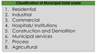 18
1. Residential
2. Industrial
3. Commercial
4. Hospitals/ Institutions
5. Construction and Demolition
6. Municipal services
7. Process
8. Agricultural
Classification of Municipal Solid waste
 