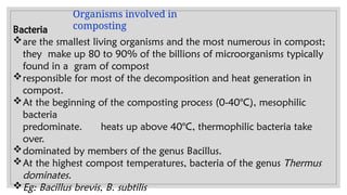 Organisms involved in
composting
Bacteria
are the smallest living organisms and the most numerous in compost;
they make up 80 to 90% of the billions of microorganisms typically
found in a gram of compost
responsible for most of the decomposition and heat generation in
compost.
At the beginning of the composting process (0-40°C), mesophilic
bacteria
predominate. heats up above 40°C, thermophilic bacteria take
over.
dominated by members of the genus Bacillus.
At the highest compost temperatures, bacteria of the genus Thermus
dominates.
Eg: Bacillus brevis, B. subtilis
 