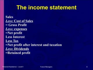 Sales Less:  Cost of Sales = Gross Profit Less:  expenses =Net profit Less Interest Less Tax =Net profit after interest and taxation Less : Dividends =Retained profit The income statement Personal Assistance – Level 4 Future Managers  