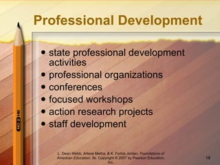 Professional Development state professional development activities professional organizations conferences focused workshops action research projects staff development L. Dean Webb, Arlene Metha, & K. Forbis Jordan .  Foundations of American Education, 5e . Copyright © 2007 by Pearson Education, Inc. 