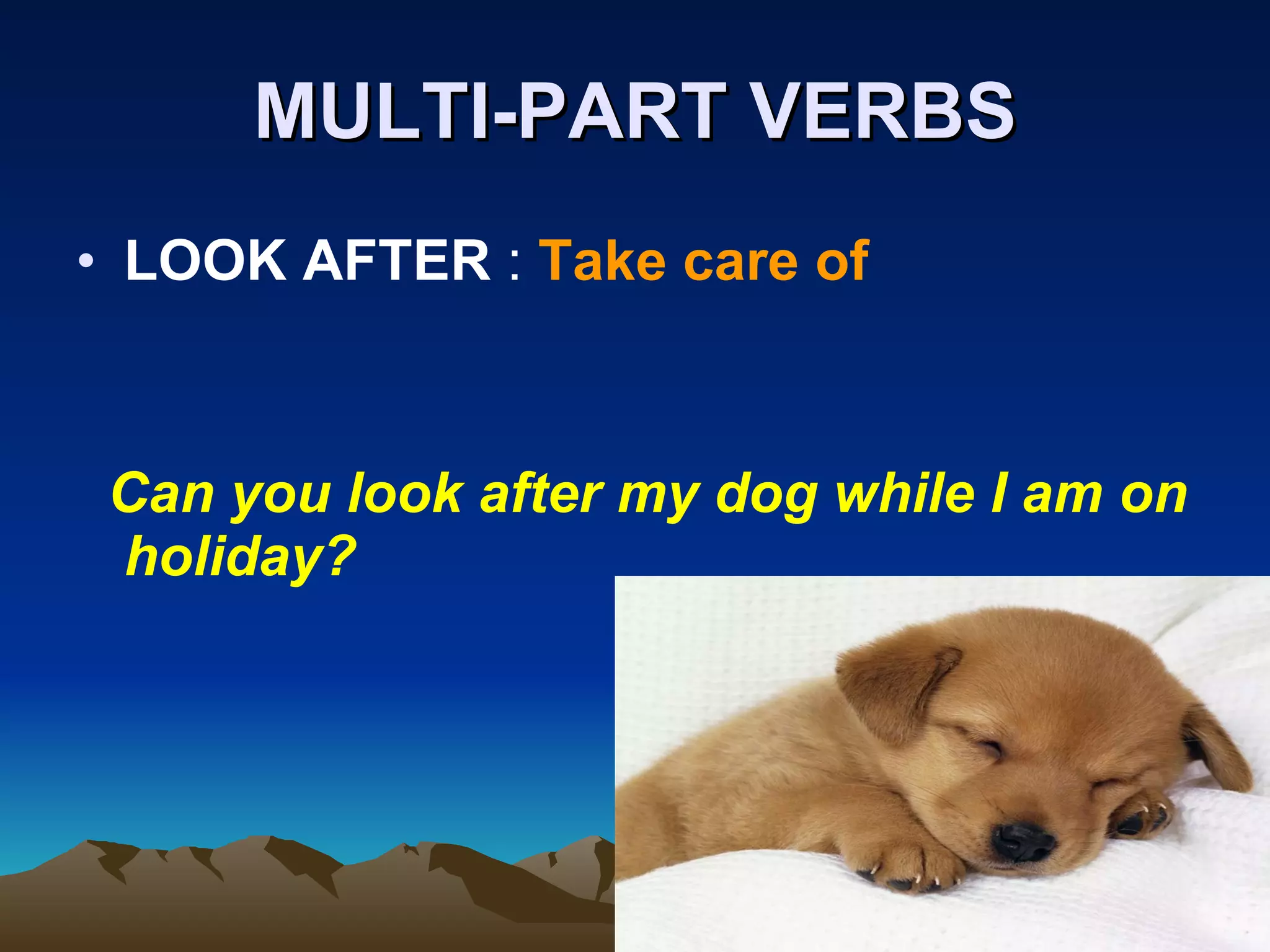 MULTI-PART VERBS LOOK AFTER  :  Take care of Can you look after my dog while I am on holiday?   