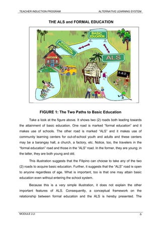TEACHER INDUCTION PROGRAM ALTERNATIVE LEARNING SYSTEM
THE ALS and FORMAL EDUCATION
FIGURE 1: The Two Paths to Basic Education
Take a look at the figure above. It shows two (2) roads both leading towards
the attainment of basic education. One road is marked “formal education” and it
makes use of schools. The other road is marked “ALS” and it makes use of
community learning centers for out-of-school youth and adults and these centers
may be a barangay hall, a church, a factory, etc. Notice, too, the travelers in the
“formal education” road and those in the “ALS” road. In the former, they are young; in
the latter, they are both young and old.
This illustration suggests that the Filipino can choose to take any of the two
(2) roads to acquire basic education. Further, it suggests that the “ALS” road is open
to anyone regardless of age. What is important, too is that one may attain basic
education even without entering the school system.
Because this is a very simple illustration, it does not explain the other
important features of ALS. Consequently, a conceptual framework on the
relationship between formal education and the ALS is hereby presented. The
MODULE 2.2: 6
 