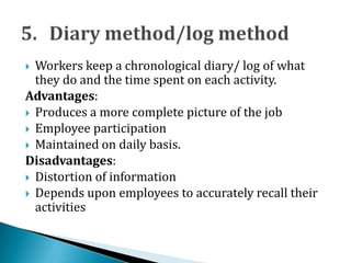  Workers keep a chronological diary/ log of what
they do and the time spent on each activity.
Advantages:
 Produces a more complete picture of the job
 Employee participation
 Maintained on daily basis.
Disadvantages:
 Distortion of information
 Depends upon employees to accurately recall their
activities
 