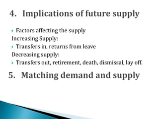  Factors affecting the supply
Increasing Supply:
 Transfers in, returns from leave
Decreasing supply:
 Transfers out, retirement, death, dismissal, lay off.
 