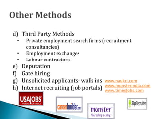 d) Third Party Methods
• Private employment search firms (recruitment
consultancies)
• Employment exchanges
• Labour contractors
e) Deputation
f) Gate hiring
g) Unsolicited applicants- walk ins
h) Internet recruiting (job portals)
www.naukri.com
www.monsterindia.com
www.timesJobs.com
 