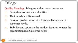 Trilogy
Quality Planning: It begins with external customers,
1. Once the customers are identified
2. Their needs are discovered.
3. Develop product or service features that respond to
customer needs.
4. Stabilize and optimize the product features to meet the
organizational & Customer needs

21

Prof. Raghavendran V, MBA TQM 12MBA42

 