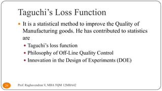 Taguchi’s Loss Function
 It is a statistical method to improve the Quality of

Manufacturing goods. He has contributed to statistics
are
 Taguchi’s loss function
 Philosophy of Off-Line Quality Control

 Innovation in the Design of Experiments (DOE)

29

Prof. Raghavendran V, MBA TQM 12MBA42

 