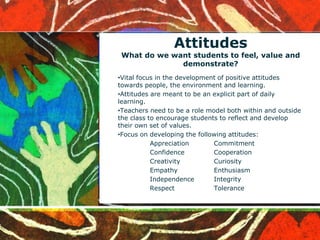 Attitudes
What do we want students to feel, value and
demonstrate?
•Vital focus in the development of positive attitudes
towards people, the environment and learning.
•Attitudes are meant to be an explicit part of daily
learning.
•Teachers need to be a role model both within and outside
the class to encourage students to reflect and develop
their own set of values.
•Focus on developing the following attitudes:
Appreciation Commitment
Confidence Cooperation
Creativity Curiosity
Empathy Enthusiasm
Independence Integrity
Respect Tolerance
 