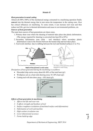 Department of Mechanical Engineering, SSET 2014
Page1
Module II
Heat generation in metal cutting
Almost all (90%-100%) of the mechanical energy consumed in a machining operation finally
convert into the thermal energy that in turn raises the temperature in the cutting zone. Heat
has critical influences on machining. To some extent, it can increase tool wear and then
reduce tool life, get rise to thermal deformation and cause to environmental problems, etc.
Sources of heat generation
The main heat sources of heat generations are shear zones.
1. Primary shear zone where the shearing of material takes place due plastic deformation.
(The energy required for shearing is converted into heat 80 to 85%)
2. Secondary deformation zone (chip – tool interface) where secondary plastic
deformation is due to the friction between the heated chip and tool takes place.
3. Tool-work interface -due to rubbing between the tool and finished surfaces (1 to 3%)
Dissipation of heat generated during the machining is as follows
 Discarded chip carries away about 60~80% of the total heat (q1)
 Workpiece acts as a heat sink drawing away 10~20% heat (q2)
 Cutting tool will also draw away ~10% heat (q3).
Effects of heat generation in machining
1. Affects tool life and wear rate
2. It affects strength and hardness of tool
3. Surface roughness (oxidation of machined surface and deformation)
4. Deformation of work and machine
5. High coolant circulation rate
6. Lower dimensional accuracy
7. Forms build up edge
 