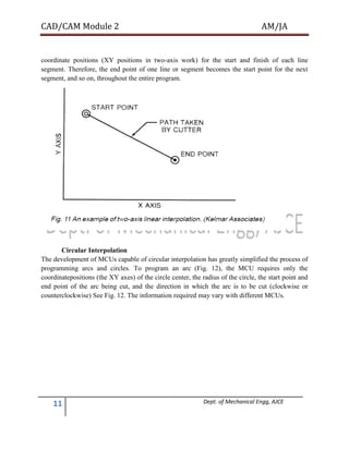 CAD/CAM Module 2 AM/JA
11 Dept. of Mechanical Engg, AJCE
coordinate positions (XY positions in two-axis work) for the start and finish of each line
segment. Therefore, the end point of one line or segment becomes the start point for the next
segment, and so on, throughout the entire program.
Circular Interpolation
The development of MCUs capable of circular interpolation has greatly simplified the process of
programming arcs and circles. To program an arc (Fig. 12), the MCU requires only the
coordinatepositions (the XY axes) of the circle center, the radius of the circle, the start point and
end point of the arc being cut, and the direction in which the arc is to be cut (clockwise or
counterclockwise) See Fig. 12. The information required may vary with different MCUs.
 