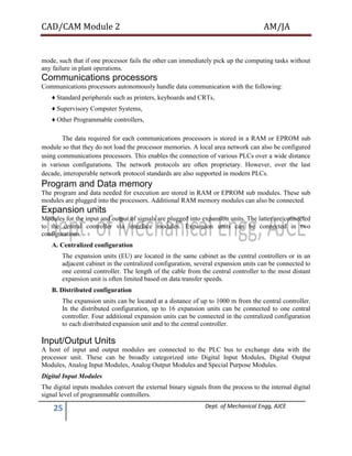 CAD/CAM Module 2 AM/JA
25 Dept. of Mechanical Engg, AJCE
mode, such that if one processor fails the other can immediately pick up the computing tasks without
any failure in plant operations.
Communications processors
Communications processors autonomously handle data communication with the following:
♦ Standard peripherals such as printers, keyboards and CRTs,
♦ Supervisory Computer Systems,
♦ Other Programmable controllers,
The data required for each communications processors is stored in a RAM or EPROM sub
module so that they do not load the processor memories. A local area network can also be configured
using communications processors. This enables the connection of various PLCs over a wide distance
in various configurations. The network protocols are often proprietary. However, over the last
decade, interoperable network protocol standards are also supported in modern PLCs.
Program and Data memory
The program and data needed for execution are stored in RAM or EPROM sub modules. These sub
modules are plugged into the processors. Additional RAM memory modules can also be connected.
Expansion units
Modules for the input and output of signals are plugged into expansion units. The latter are connected
to the central controller via interface modules. Expansion units can be connected in two
configurations.
A. Centralized configuration
The expansion units (EU) are located in the same cabinet as the central controllers or in an
adjacent cabinet in the centralized configuration, several expansion units can be connected to
one central controller. The length of the cable from the central controller to the most distant
expansion unit is often limited based on data transfer speeds.
B. Distributed configuration
The expansion units can be located at a distance of up to 1000 m from the central controller.
In the distributed configuration, up to 16 expansion units can be connected to one central
controller. Four additional expansion units can be connected in the centralized configuration
to each distributed expansion unit and to the central controller.
Input/Output Units
A host of input and output modules are connected to the PLC bus to exchange data with the
processor unit. These can be broadly categorized into Digital Input Modules, Digital Output
Modules, Analog Input Modules, Analog Output Modules and Special Purpose Modules.
Digital Input Modules
The digital inputs modules convert the external binary signals from the process to the internal digital
signal level of programmable controllers.
 