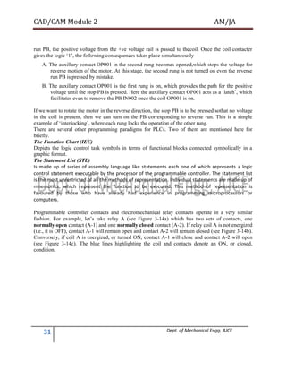CAD/CAM Module 2 AM/JA
31 Dept. of Mechanical Engg, AJCE
run PB, the positive voltage from the +ve voltage rail is passed to thecoil. Once the coil contacter
gives the logic ‘1’, the following consequences takes place simultaneously
A. The auxillary contact OP001 in the second rung becomes opened,which stops the voltage for
reverse motion of the motor. At this stage, the second rung is not turned on even the reverse
run PB is pressed by mistake.
B. The auxillary contact OP001 is the first rung is on, which provides the path for the positive
voltage until the stop PB is pressed. Here the auxillary contact OP001 acts as a ‘latch’, which
facilitates even to remove the PB IN002 once the coil OP001 is on.
If we want to rotate the motor in the reverse direction, the stop PB is to be pressed sothat no voltage
in the coil is present, then we can turn on the PB corresponding to reverse run. This is a simple
example of ‘interlocking’, where each rung locks the operation of the other rung.
There are several other programming paradigms for PLCs. Two of them are mentioned here for
briefly.
The Function Chart (IEC)
Depicts the logic control task symbols in terms of functional blocks connected symbolically in a
graphic format.
The Statement List (STL)
Is made up of series of assembly language like statements each one of which represents a logic
control statement executable by the processor of the programmable controller. The statement list
is the most unrestricted of all the methods of representation. Individual statements are made up of
mnemonics, which represent the function to be executed. This method of representation is
favoured by those who have already had experience in programming microprocessors or
computers.
Programmable controller contacts and electromechanical relay contacts operate in a very similar
fashion. For example, let’s take relay A (see Figure 3-14a) which has two sets of contacts, one
normally open contact (A-1) and one normally closed contact (A-2). If relay coil A is not energized
(i.e., it is OFF), contact A-1 will remain open and contact A-2 will remain closed (see Figure 3-14b).
Conversely, if coil A is energized, or turned ON, contact A-1 will close and contact A-2 will open
(see Figure 3-14c). The blue lines highlighting the coil and contacts denote an ON, or closed,
condition.
 