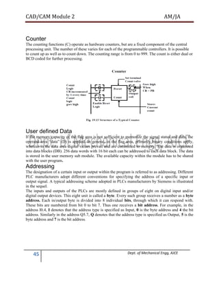CAD/CAM Module 2 AM/JA
45 Dept. of Mechanical Engg, AJCE
Counter
The counting functions (C) operate as hardware counters, but are a fixed component of the central
processing unit. The number of these varies for each of the programmable controllers. It is possible
to count up as well as to count down. The counting range is from 0 to 999. The count is either dual or
BCD coded for further processing.
User defined Data
If the memory capacity of the flag area is not sufficient to memorize the signal status and data, the
operand area “data” (D) is applied. In general, in the flag area, primarily binary conditions apply,
whereas in the data area digital values prevail and are committed to memory. The data is organized
into data blocks (DB). 256 data words with 16 bit each can be addressed to each data block. The data
is stored in the user memory sub module. The available capacity within the module has to be shared
with the user program.
Addressing
The designation of a certain input or output within the program is referred to as addressing. Different
PLC manufacturers adopt different conventions for specifying the address of a specific input or
output signal. A typical addressing scheme adopted in PLCs manufacturers by Siemens is illustrated
in the sequel.
The inputs and outputs of the PLCs are mostly defined in groups of eight on digital input and/or
digital output devices. This eight unit is called a byte. Every such group receives a number as a byte
address. Each in/output byte is divided into 8 individual bits, through which it can respond with.
These bits are numbered from bit 0 to bit 7. Thus one receives a bit address. For example, in the
address I0.4, I denotes that the address type is specified as Input, 0 is the byte address and 4 the bit
address. Similarly in the address Q5.7, Q denotes that the address type is specified as Output, 5 is the
byte address and 7 is the bit address.
 