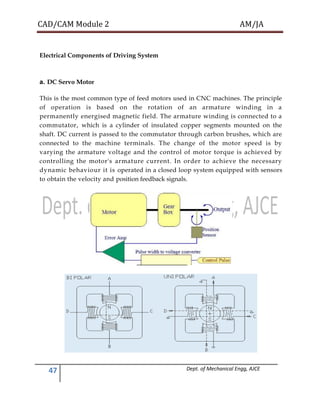 CAD/CAM Module 2 AM/JA
47 Dept. of Mechanical Engg, AJCE
Electrical Components of Driving System
a. DC Servo Motor
This is the most common type of feed motors used in CNC machines. The principle
of operation is based on the rotation of an armature winding in a
permanently energised magnetic field. The armature winding is connected to a
commutator, which is a cylinder of insulated copper segments mounted on the
shaft. DC current is passed to the commutator through carbon brushes, which are
connected to the machine terminals. The change of the motor speed is by
varying the armature voltage and the control of motor torque is achieved by
controlling the motor's armature current. In order to achieve the necessary
dynamic behaviour it is operated in a closed loop system equipped with sensors
to obtain the velocity and position feedback signals.
 