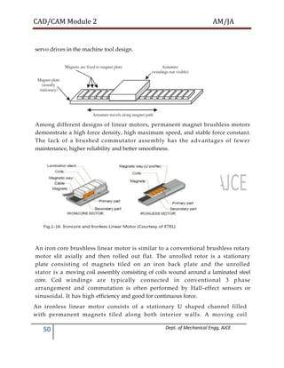 CAD/CAM Module 2 AM/JA
50 Dept. of Mechanical Engg, AJCE
servo drives in the machine tool design.
Among different designs of linear motors, permanent magnet brushless motors
demonstrate a high force density, high maximum speed, and stable force constant.
The lack of a brushed commutator assembly has the advantages of fewer
maintenance, higher reliability and better smoothness.
An iron core brushless linear motor is similar to a conventional brushless rotary
motor slit axially and then rolled out flat. The unrolled rotor is a stationary
plate consisting of magnets tiled on an iron back plate and the unrolled
stator is a moving coil assembly consisting of coils wound around a laminated steel
core. Coil windings are typically connected in conventional 3 phase
arrangement and commutation is often performed by Hall-effect sensors or
sinusoidal. It has high efficiency and good for continuous force.
An ironless linear motor consists of a stationary U shaped channel filled
with permanent magnets tiled along both interior walls. A moving coil
 