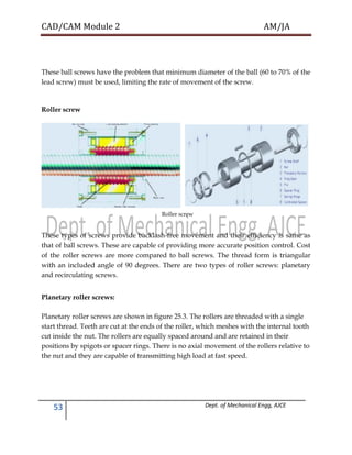 CAD/CAM Module 2 AM/JA
53 Dept. of Mechanical Engg, AJCE
These ball screws have the problem that minimum diameter of the ball (60 to 70% of the
lead screw) must be used, limiting the rate of movement of the screw.
Roller screw
Roller screw
These types of screws provide backlash-free movement and their efficiency is same as
that of ball screws. These are capable of providing more accurate position control. Cost
of the roller screws are more compared to ball screws. The thread form is triangular
with an included angle of 90 degrees. There are two types of roller screws: planetary
and recirculating screws.
Planetary roller screws:
Planetary roller screws are shown in figure 25.3. The rollers are threaded with a single
start thread. Teeth are cut at the ends of the roller, which meshes with the internal tooth
cut inside the nut. The rollers are equally spaced around and are retained in their
positions by spigots or spacer rings. There is no axial movement of the rollers relative to
the nut and they are capable of transmitting high load at fast speed.
 