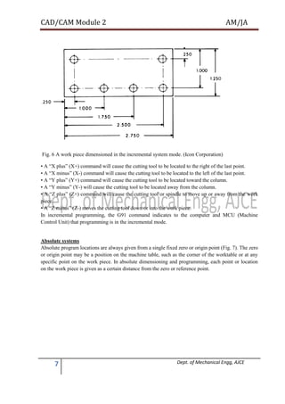 CAD/CAM Module 2 AM/JA
7 Dept. of Mechanical Engg, AJCE
Fig. 6 A work piece dimensioned in the incremental system mode. (Icon Corporation)
• A “X plus” (X+) command will cause the cutting tool to be located to the right of the last point.
• A “X minus” (X-) command will cause the cutting tool to be located to the left of the last point.
• A “Y plus” (Y+) command will cause the cutting tool to be located toward the column.
• A “Y minus” (Y-) will cause the cutting tool to be located away from the column.
• A “Z plus” (Z+) command will cause the cutting tool or spindle to move up or away from the work
piece.
• A “Z minus” (Z-) moves the cutting tool down or into the work piece.
In incremental programming, the G91 command indicates to the computer and MCU (Machine
Control Unit) that programming is in the incremental mode.
Absolute systems
Absolute program locations are always given from a single fixed zero or origin point (Fig. 7). The zero
or origin point may be a position on the machine table, such as the corner of the worktable or at any
specific point on the work piece. In absolute dimensioning and programming, each point or location
on the work piece is given as a certain distance from the zero or reference point.
 