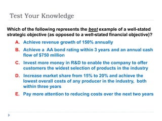 Test Your Knowledge
Which of the following represents the best example of a well-stated
strategic objective (as opposed to a well-stated financial objective)?
A. Achieve revenue growth of 150% annually
B. Achieve a AA bond rating within 3 years and an annual cash
flow of $750 million
C. Invest more money in R&D to enable the company to offer
customers the widest selection of products in the industry
D. Increase market share from 15% to 20% and achieve the
lowest overall costs of any producer in the industry, both
within three years
E. Pay more attention to reducing costs over the next two years
 