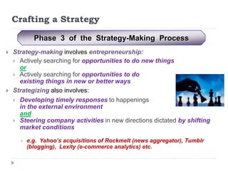 Crafting a Strategy
 Strategy-making involves entrepreneurship:
 Actively searching for opportunities to do new things
or
 Actively searching for opportunities to do
existing things in new or better ways
 Strategizing also involves:
 Developing timely responses to happenings
in the external environment
and
 Steering company activities in new directions dictated by shifting
market conditions
 e.g. Yahoo’s acquisitions of Rockmelt (news aggregator), Tumblr
(blogging), Lexity (e-commerce analytics) etc.
Phase 3 of the Strategy-Making Process
 