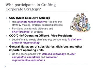 Who participates in Crafting
Corporate Strategy?
 CEO (Chief Executive Officer):
 Has ultimate responsibility for leading the
strategy-making, strategy-executing process
 Functions as strategic visionary and
Chief Architect of strategy
 COO(Chief Operating Officer), Vice-Presidents:
 Lead efforts to create chief strategy components in their own
areas of responsibility
 General Managers of subsidiaries, divisions and other
important operating units:
 On-the-scene people with detailed knowledge of local
competitive conditions and customer
requirements/expectations
 