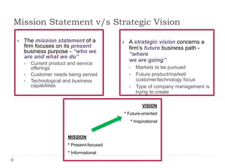 Mission Statement v/s Strategic Vision
 A strategic vision concerns a
firm’s future business path -
“where
we are going”
 Markets to be pursued
 Future product/market/
customer/technology focus
 Type of company management is
trying to create
 The mission statement of a
firm focuses on its present
business purpose - “who we
are and what we do”
 Current product and service
offerings
 Customer needs being served
 Technological and business
capabilities
VISION
* Future-oriented
* Inspirational
MISSION
* Present-focused
* Informational
 