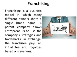 Franchising
Franchising is a business
model in which many
different owners share a
single brand name. A
parent company allows
entrepreneurs to use the
company's strategies and
trademarks; in exchange,
the franchisee pays an
initial fee and royalties
based on revenues.
 