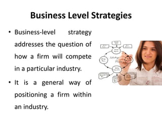 Business Level Strategies
• Business-level strategy
addresses the question of
how a firm will compete
in a particular industry.
• It is a general way of
positioning a firm within
an industry.
 