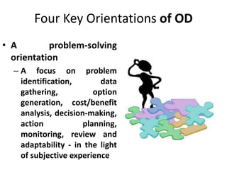 Four Key Orientations of OD
• A problem-solving
orientation
– A focus on problem
identification, data
gathering, option
generation, cost/benefit
analysis, decision-making,
action planning,
monitoring, review and
adaptability - in the light
of subjective experience
 