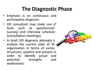 The Diagnostic Phase
• Emphasis is on continuous and
participative diagnosis.
• OD consultant may make use of
tools such as questionnaire
(survey) and interview schedules
(consultation meetings).
• In brief, OD diagnosis attempts to
analyze the current stale of the
organisation in terms of various
structures, systems and process in
order to identify actual and
potential strengths and
weaknesses.
 