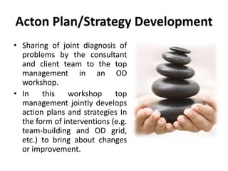 Acton Plan/Strategy Development
• Sharing of joint diagnosis of
problems by the consultant
and client team to the top
management in an OD
workshop.
• In this workshop top
management jointly develops
action plans and strategies In
the form of interventions (e.g.
team-building and OD grid,
etc.) to bring about changes
or improvement.
 
