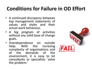 Conditions for Failure in OD Effort
• A continued discrpancy between
top management statements of
values and styles and their
actual work behaviour.
• A big program of activities
without any solid base of change
goals.
• Overdependence on outside
help: With the incresing
complexity of organizations and
of the demands of the
environment, it is easy to let
consultants or specialists `solve
the problem.’
 