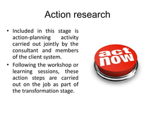 Action research
• Included in this stage is
action-planning activity
carried out jointly by the
consultant and members
of the client system.
• Following the workshop or
learning sessions, these
action steps are carried
out on the job as part of
the transformation stage.
 