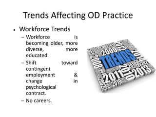 Trends Affecting OD Practice
 Workforce Trends
 Workforce is
becoming older, more
diverse, more
educated.
 Shift toward
contingent
employment &
change in
psychological
contract.
 No careers.
 