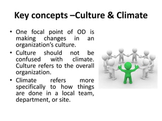 Key concepts –Culture & Climate
• One focal point of OD is
making changes in an
organization’s culture.
• Culture should not be
confused with climate.
Culture refers to the overall
organization.
• Climate refers more
specifically to how things
are done in a local team,
department, or site.
 