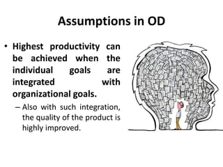 Assumptions in OD
• Highest productivity can
be achieved when the
individual goals are
integrated with
organizational goals.
– Also with such integration,
the quality of the product is
highly improved.
 