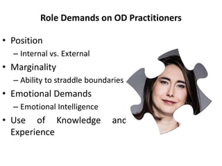 Role Demands on OD Practitioners
• Position
– Internal vs. External
• Marginality
– Ability to straddle boundaries
• Emotional Demands
– Emotional Intelligence
• Use of Knowledge and
Experience
 