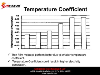 Temperature Coefficient
 Thin Film modules perform better due to smaller temperature
coefficient.
 Temperature Coefficient could result in higher electricity
generation.
 