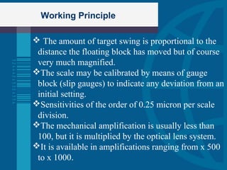 Working Principle
 The amount of target swing is proportional to the
distance the floating block has moved but of course
very much magnified.
The scale may be calibrated by means of gauge
block (slip gauges) to indicate any deviation from an
initial setting.
Sensitivities of the order of 0.25 micron per scale
division.
The mechanical amplification is usually less than
100, but it is multiplied by the optical lens system.
It is available in amplifications ranging from x 500
to x 1000.
 