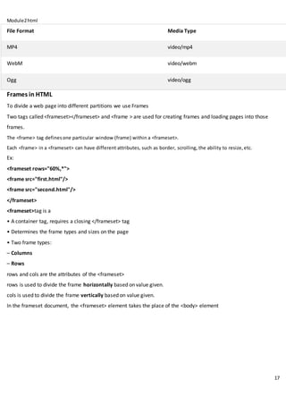 Module2html
17
File Format Media Type
MP4 video/mp4
WebM video/webm
Ogg video/ogg
Frames in HTML
To divide a web page into different partitions we use Frames
Two tags called <frameset></frameset> and <frame > are used for creating frames and loading pages into those
frames.
The <frame> tag definesone particular window (frame) within a <frameset>.
Each <frame> in a <frameset> can have different attributes, such as border, scrolling, the ability to resize,etc.
Ex:
<frameset rows="60%,*">
<frame src="first.html"/>
<frame src="second.html"/>
</frameset>
<frameset>tag is a
• A container tag, requires a closing </frameset> tag
• Determines the frame types and sizes on the page
• Two frame types:
– Columns
– Rows
rows and cols are the attributes of the <frameset>
rows is used to divide the frame horizontally based on value given.
cols is used to divide the frame vertically based on value given.
In the frameset document, the <frameset> element takes the place of the <body> element
 
