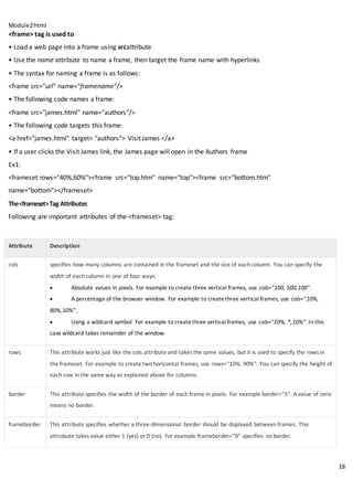 Module2html
18
<frame> tag is used to
• Load a web page into a frame using srcattribute
• Use the name attribute to name a frame, then target the frame name with hyperlinks
• The syntax for naming a frame is as follows:
<frame src="url" name="framename"/>
• The following code names a frame:
<frame src="james.html" name="authors"/>
• The following code targets this frame:
<a href="james.html" target= "authors"> Visit James </a>
• If a user clicks the Visit James link, the James page will open in the Authors frame
Ex1:
<frameset rows="40%,60%"><frame src="top.htm" name="top"><frame src="bottom.htm"
name="bottom"></frameset>
The<frameset>Tag Attributes
Following are important attributes of the <frameset> tag:
Attribute Description
cols specifies how many columns are contained in the frameset and the size of each column. You can specify the
width of each column in one of four ways:
 Absolute values in pixels. For example to create three vertical frames, use cols="100, 500,100".
 A percentage of the browser window. For example to createthree vertical frames, use cols="10%,
80%,10%".
 Using a wildcard symbol. For example to createthree vertical frames, use cols="10%, *,10%". In this
case wildcard takes remainder of the window.
rows This attribute works just like the cols attribute and takes the same values, but it is used to specify the rows in
the frameset. For example to createtwo horizontal frames, use rows="10%, 90%". You can specify the height of
each row in the same way as explained above for columns.
border This attribute specifies the width of the border of each frame in pixels. For example border="5". A value of zero
means no border.
frameborder This attribute specifies whether a three-dimensional border should be displayed between frames. This
attrubute takes value either 1 (yes) or 0 (no). For example frameborder="0" specifies no border.
 
