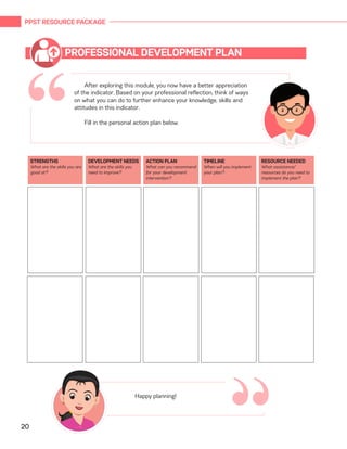 PPST RESOURCE PACKAGE
20
PROFESSIONAL DEVELOPMENT PLAN
STRENGTHS
What are the skills you are
good at?
DEVELOPMENT NEEDS
What are the skills you
need to improve?
ACTION PLAN
What can you recommend
for your development
intervention?
TIMELINE
When will you implement
your plan?
RESOURCE NEEDED
What assistance/
resources do you need to
implement the plan?
After exploring this module, you now have a better appreciation
of the indicator. Based on your professional reflection, think of ways
on what you can do to further enhance your knowledge, skills and
attitudes in this indicator.
Fill in the personal action plan below.
“
“Happy planning!
 