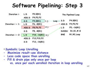107
Software Pipelining: Step 3
L.D
ADD.D
S.D
Iteration i: F0,0(R1)
F4,F0,F2
F4,0(R1)
L.D
ADD.D
S.D
L.D
ADD.D
S.D
F6,-8(R1)
F8,F6,F2
F8,-8(R1)
F10,-16(R1)
F12,F10,F2
F12,-16(R1)
Iteration i + 1:
Iteration i + 2:
1.)
2.)
3.)
S.D
ADD.D
L.D
DADDU
BNE
Loop : F4,0(R1)
F4,F0,F2
F0,-16(R1)
R1,R1,#-8
R1,R2,Loop
The Pipelined Loop
• Symbolic Loop Unrolling
– Maximize result-use distance
– Less code space than unrolling
– Fill & drain pipe only once per loop
vs. once per each unrolled iteration in loop unrolling
 