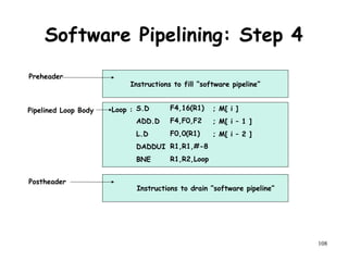 108
Software Pipelining: Step 4
S.D
ADD.D
L.D
DADDUI
BNE
Loop : F4,16(R1)
F4,F0,F2
F0,0(R1)
R1,R1,#-8
R1,R2,Loop
; M[ i ]
; M[ i – 1 ]
; M[ i – 2 ]
Instructions to fill “software pipeline”
Pipelined Loop Body
Preheader
Postheader
Instructions to drain “software pipeline”
 
