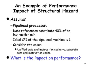 14
An Example of Performance
Impact of Structural Hazard
Assume:
−Pipelined processor.
− Data references constitute 40% of an
instruction mix.
− Ideal CPI of the pipelined machine is 1.
− Consider two cases:
Unified data and instruction cache vs. separate
data and instruction cache.
What is the impact on performance?
 